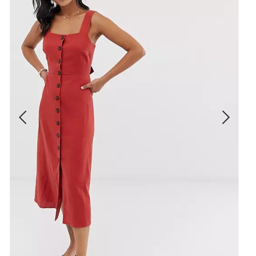 Warehouse linen midi dress with button through in rust